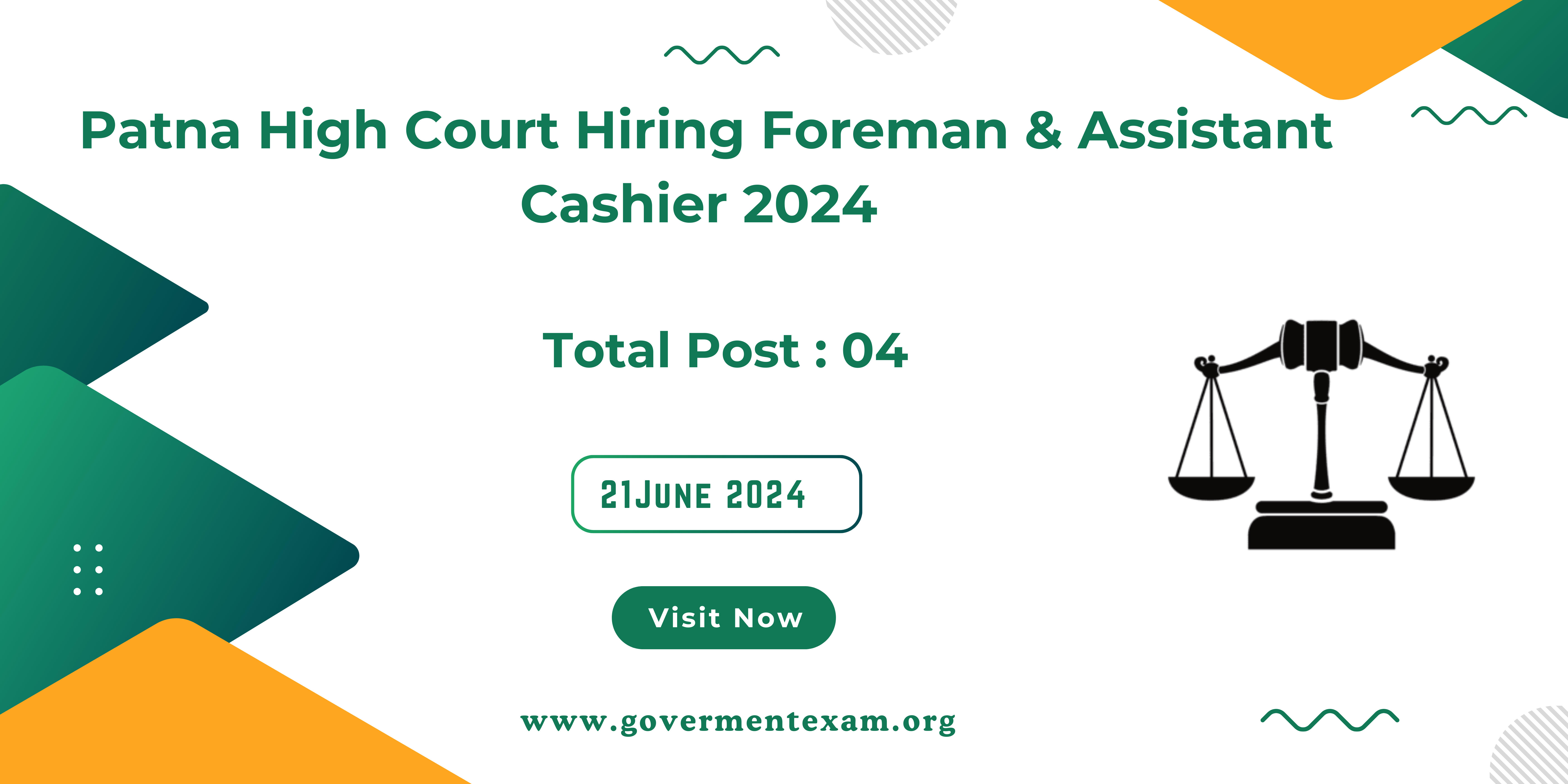 Apply Now! Patna High Court Hiring Foreman & Assistant Cashier  (4 Positions)